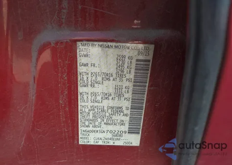 2016 Nissan Frontier Sv z USA, uszkodzony, nr VIN 1N6AD0ER3GN702209